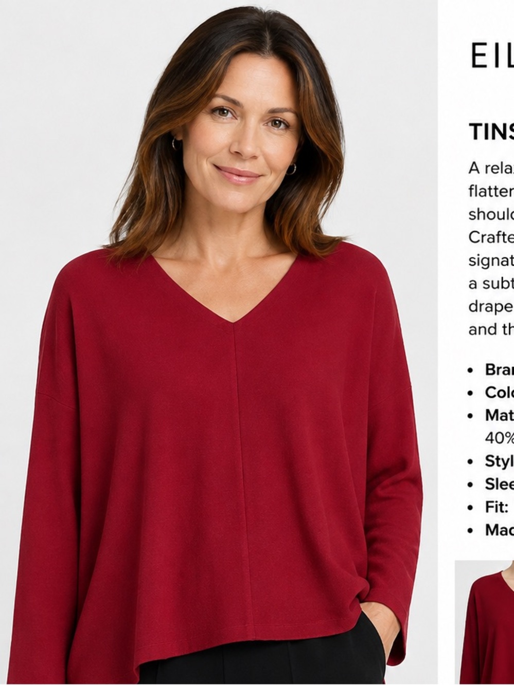 Eileen Fisher Crepe Dolman-Sleeve V-Neck Top Size L Tart Cherry